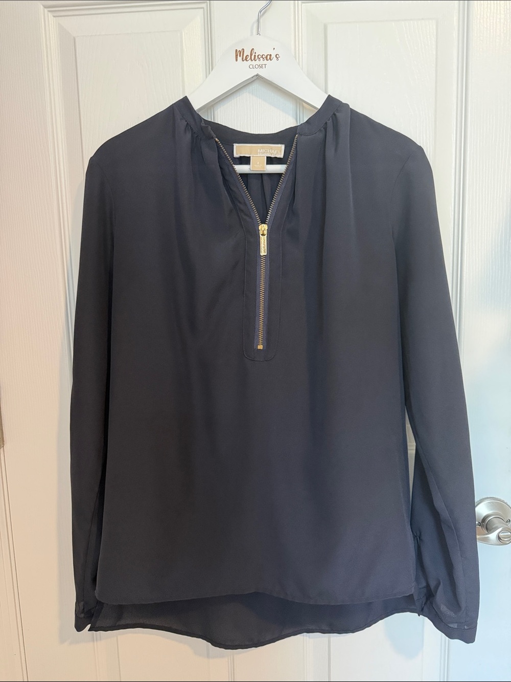 Michael Kors black with gold Zip-Front Long Sleeve Blouse
